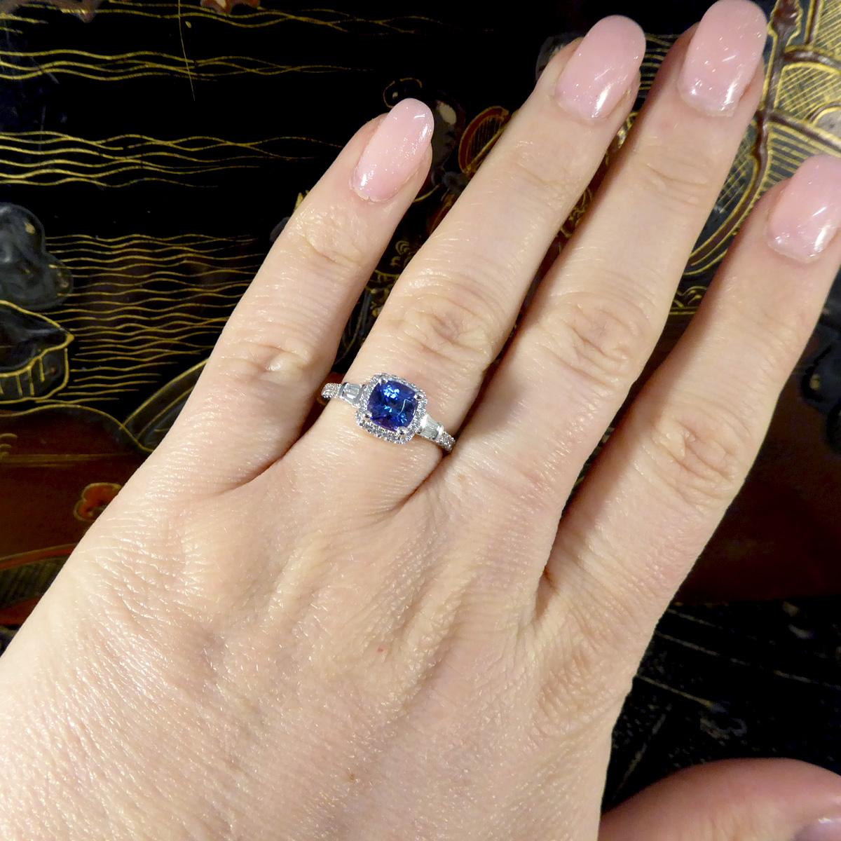 Cushion Cut Tanzanite and Diamond Cluster Ring with Tapered Baguette Shoulders i For Sale 2