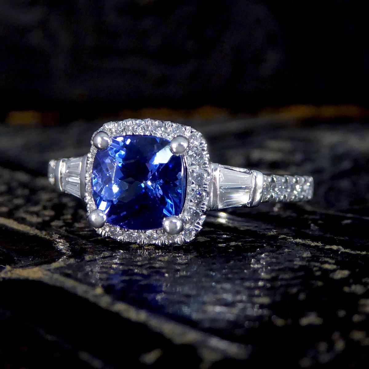 Cushion Cut Tanzanite and Diamond Cluster Ring with Tapered Baguette Shoulders i For Sale 3