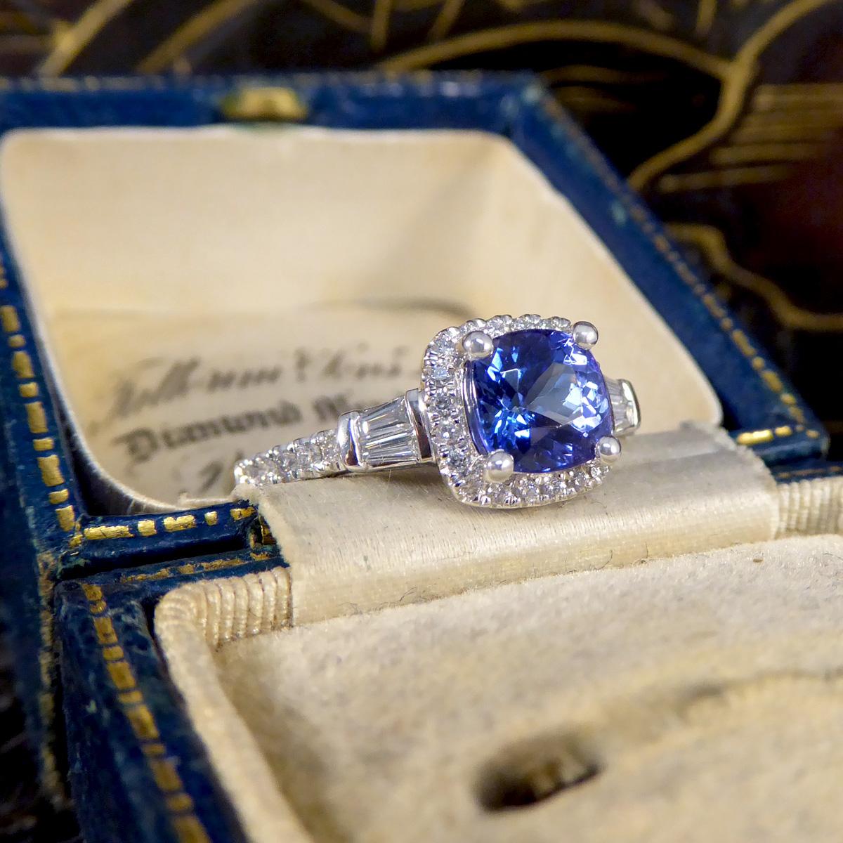 Cushion Cut Tanzanite and Diamond Cluster Ring with Tapered Baguette Shoulders i For Sale 4