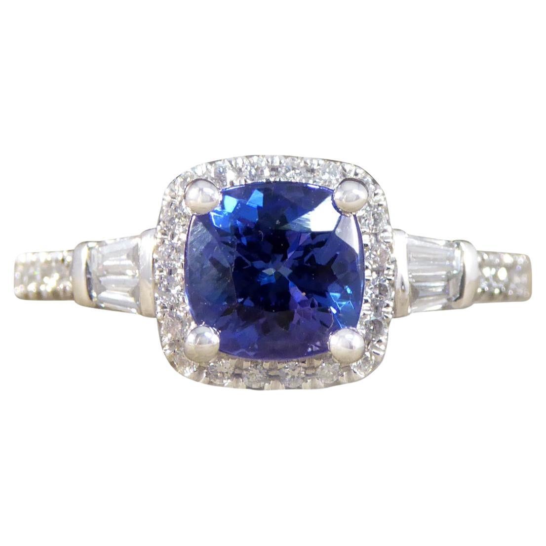 Cushion Cut Tanzanite and Diamond Cluster Ring with Tapered Baguette Shoulders i For Sale