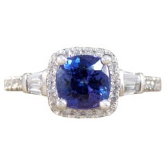 Cushion Cut Tanzanite and Diamond Cluster Ring with Tapered Baguette Shoulders i