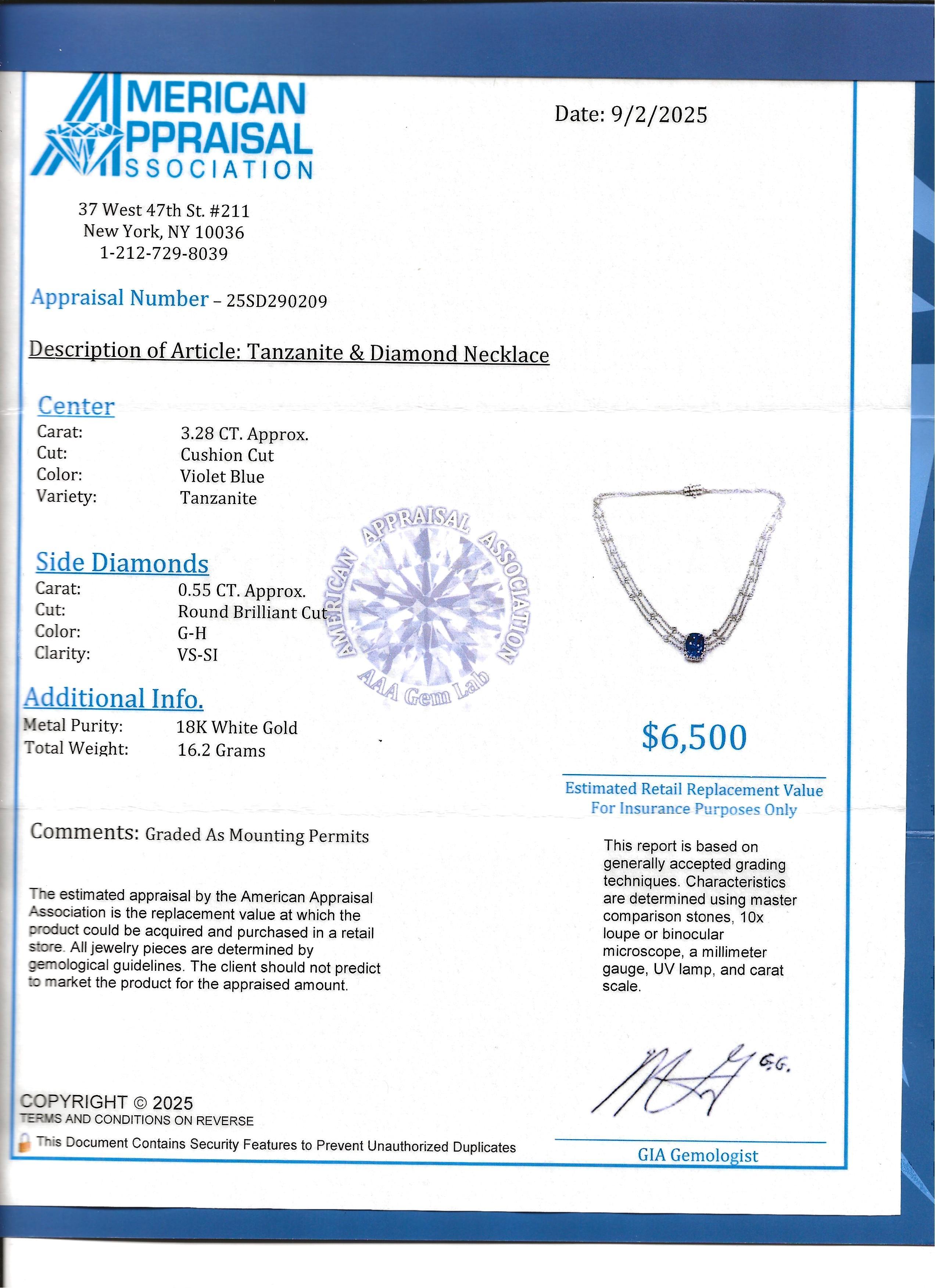 Collier multi-brins en or blanc 18 carats avec halo de tanzanites et de diamants taillés en coussins en vente 6