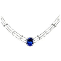 Cushion Cut Tanzanite and Diamond Halo Multi Strand Necklace 18 Karat White Gold