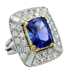 Cushion Cut Tanzanite and Multi Diamond Split Shank 14 Karat Gold Cocktail Ring