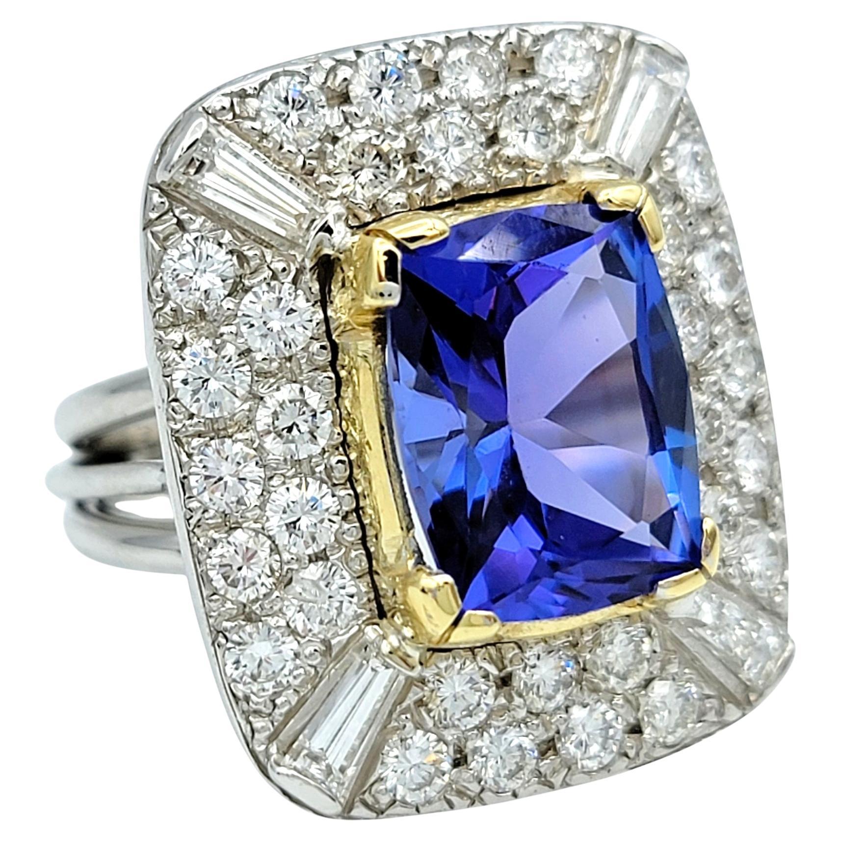 Cushion Cut Tanzanite and Multi Diamond Split Shank 14 Karat Gold Cocktail Ring