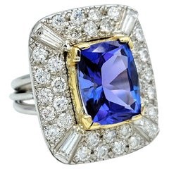 Cushion Cut Tanzanite and Multi Diamond Split Shank 14 Karat Gold Cocktail Ring