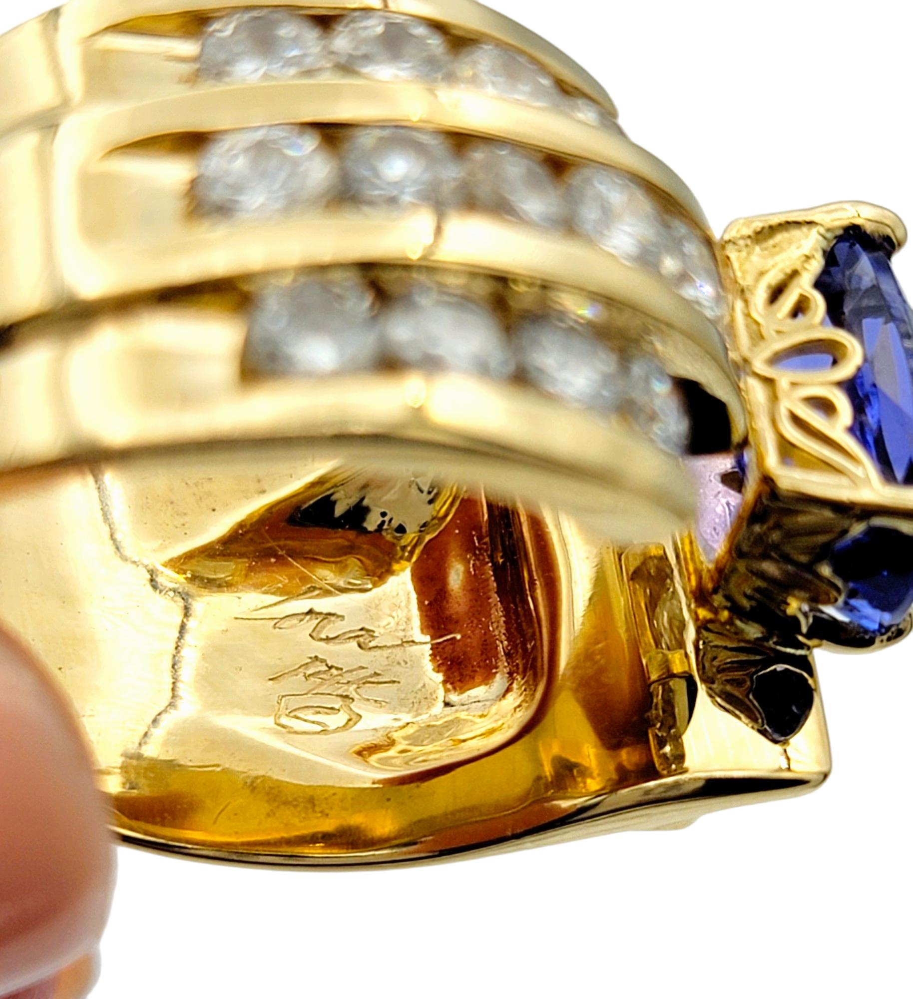 Anello cocktail asimmetrico con tanzanite taglio cuscino e diamante rotondo in oro 14 carati in vendita 3