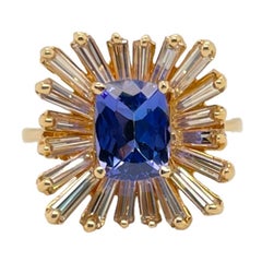 Cushion Cut Tanzanite & Baguette Diamond Ballerina Style Ring in 18K Yellow Gold