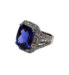 Cushion Cut Tanzanite and Diamond 3-Stone Ring