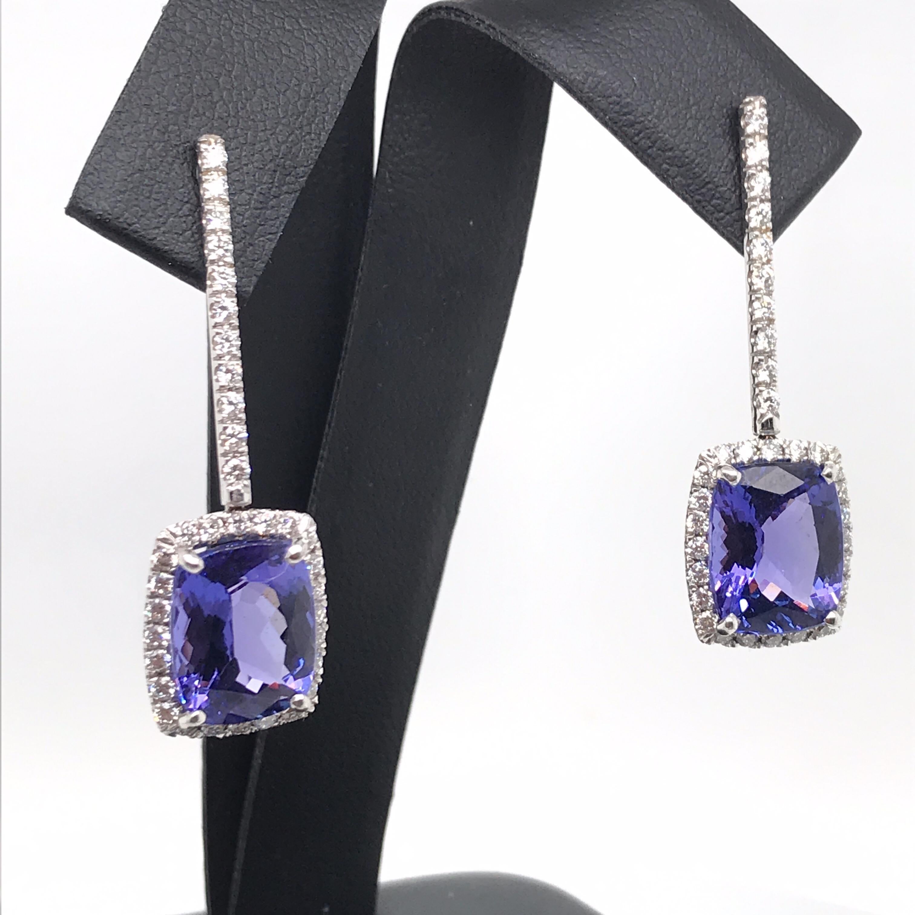 Cushion Cut Tanzanite Diamond Halo Drop Earrings 9.50 Carat 18 Karat White Gold In New Condition In New York, NY