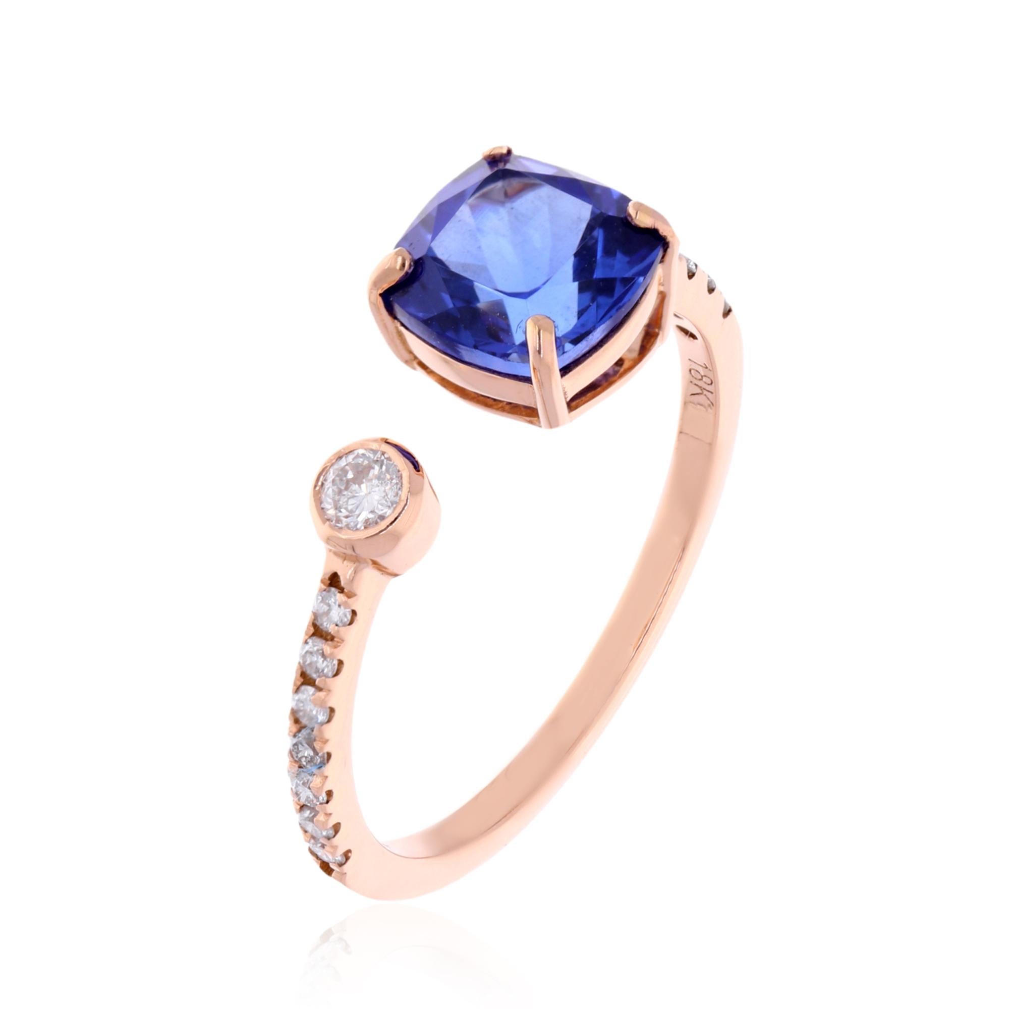 Modern Cushion Cut Tanzanite Gemstone Cuff Ring Diamond 18 Karat Rose Gold Fine Jewelry For Sale