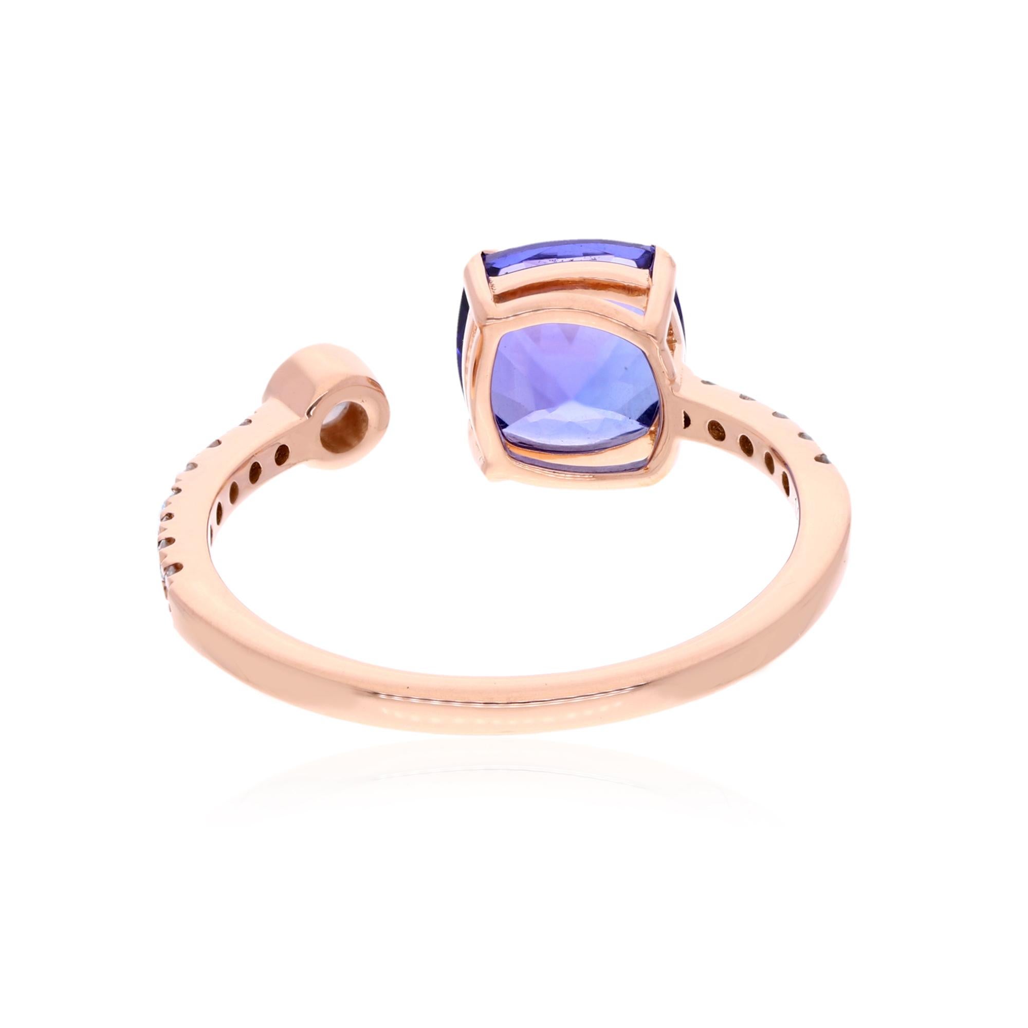 Women's Cushion Cut Tanzanite Gemstone Cuff Ring Diamond 18 Karat Rose Gold Fine Jewelry For Sale