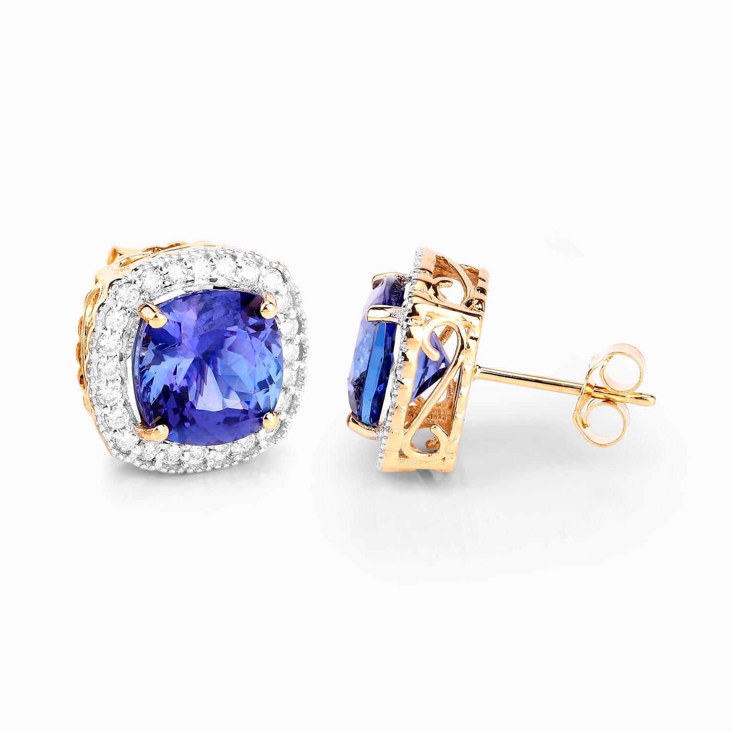 Cushion Cut Tanzanite Stud Earrings Diamond Halo 6 Carats 14K Gold In Excellent Condition For Sale In Laguna Niguel, CA