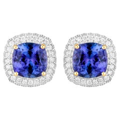 Clous d'oreilles en or 14 carats avec tanzanite taille coussin et halo de diamants 6 carats