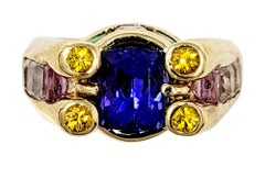 Cushion Cut Tanzanite, Tsavorite, Spinel and Sapphire Ring in 18 Karat Gold