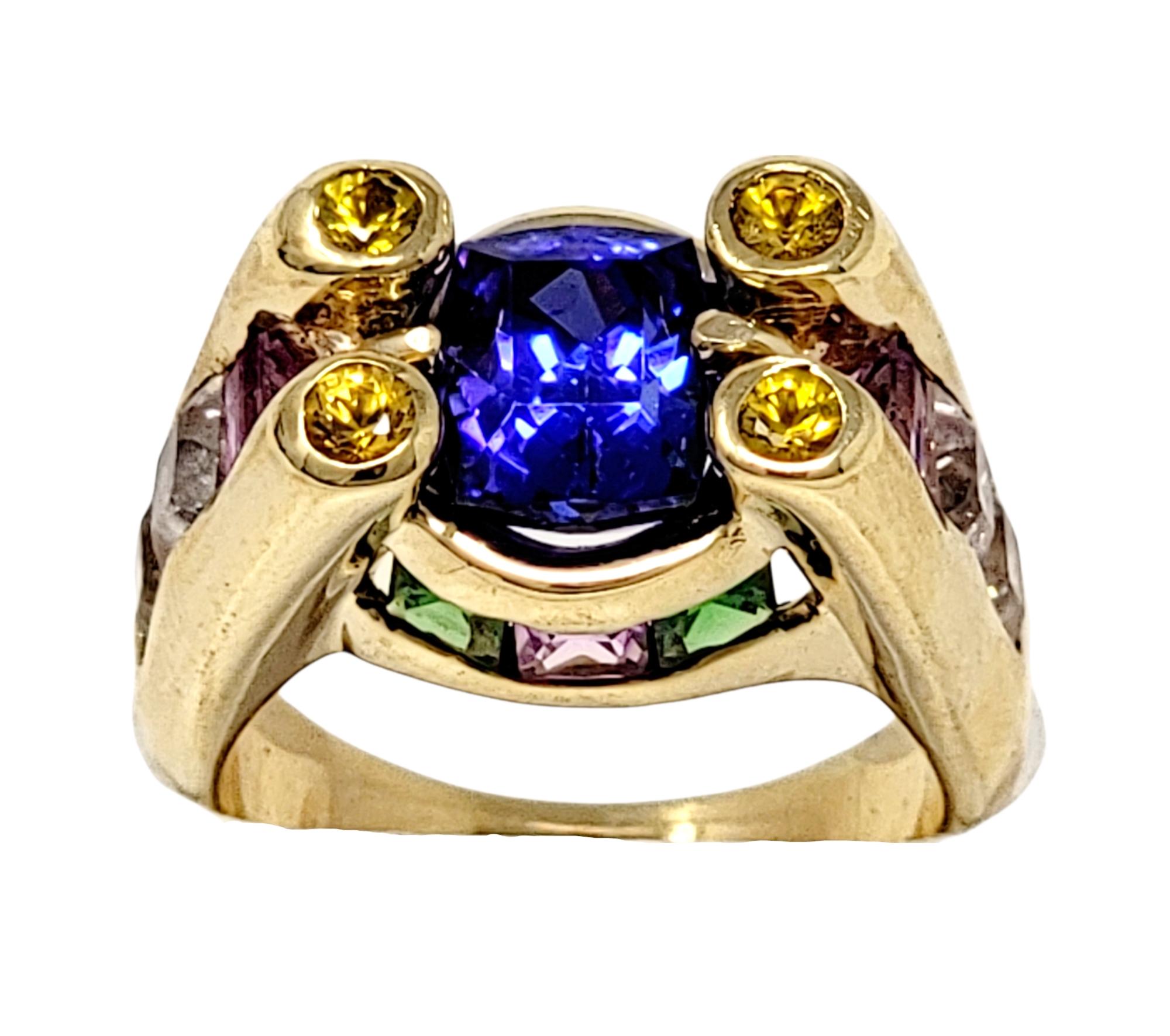 Contemporary Cushion Cut Tanzanite, Tsavorite, Spinel and Sapphire Ring in 18 Karat Gold For Sale