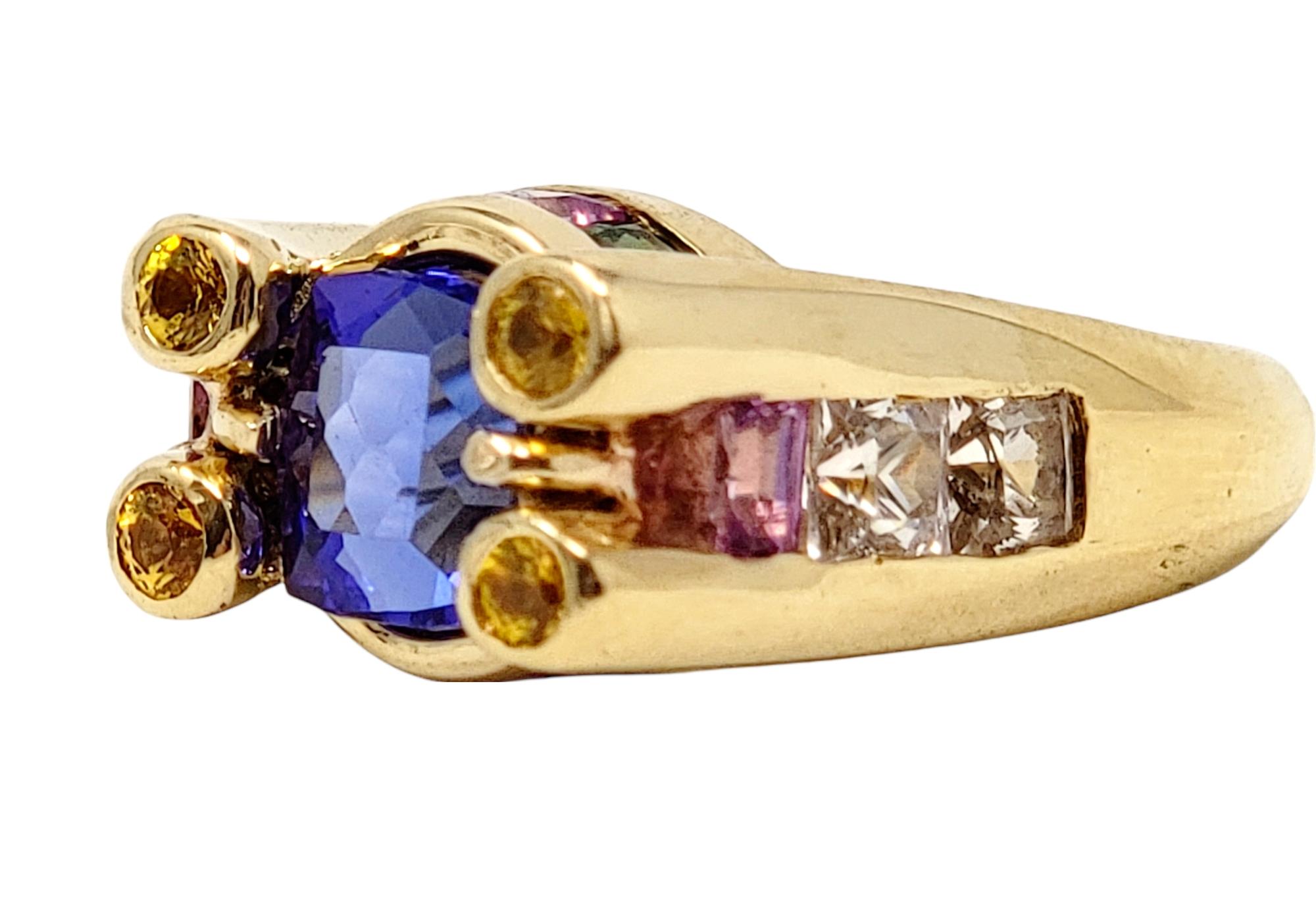 Cushion Cut Tanzanite, Tsavorite, Spinel and Sapphire Ring in 18 Karat Gold In Good Condition For Sale In Scottsdale, AZ