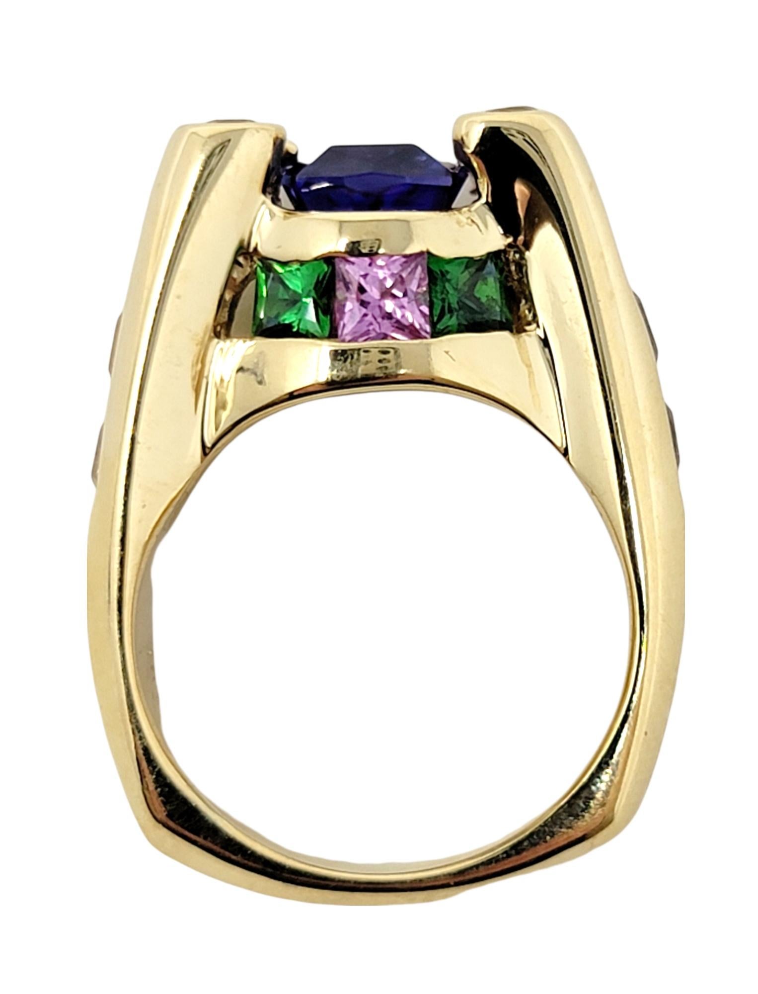 Cushion Cut Tanzanite, Tsavorite, Spinel and Sapphire Ring in 18 Karat Gold For Sale 1