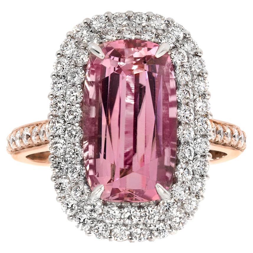 Bague avec diamant et tourmaline rose de 4,72ct taillée en coussin
