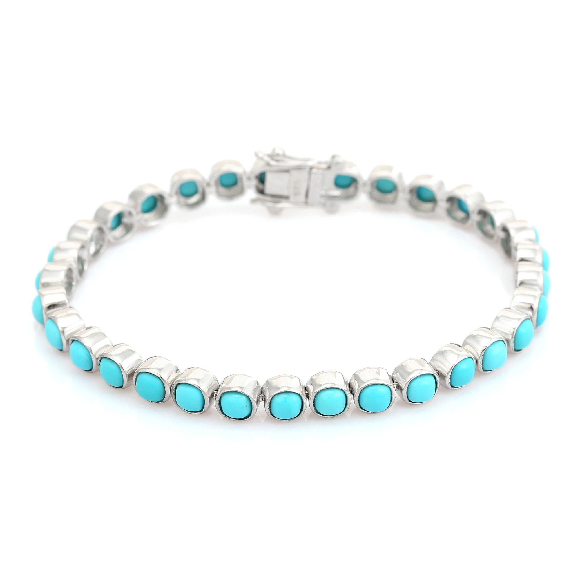Türkis-Cabochons mit Kissenschliff Unisex-Tennisarmband in 925 Silber (Art nouveau) im Angebot