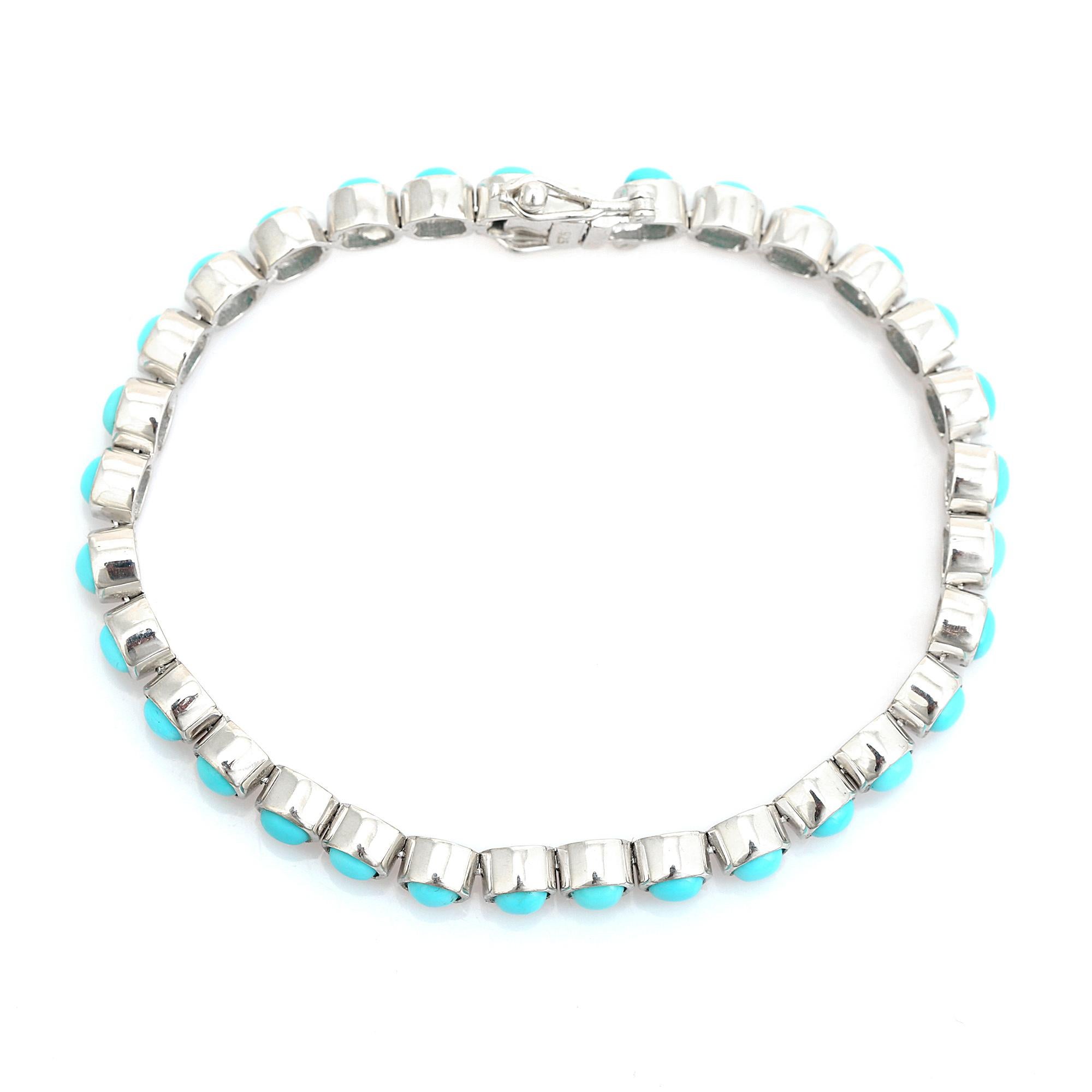Türkis-Cabochons mit Kissenschliff Unisex-Tennisarmband in 925 Silber im Zustand „Neu“ im Angebot in New York, NY