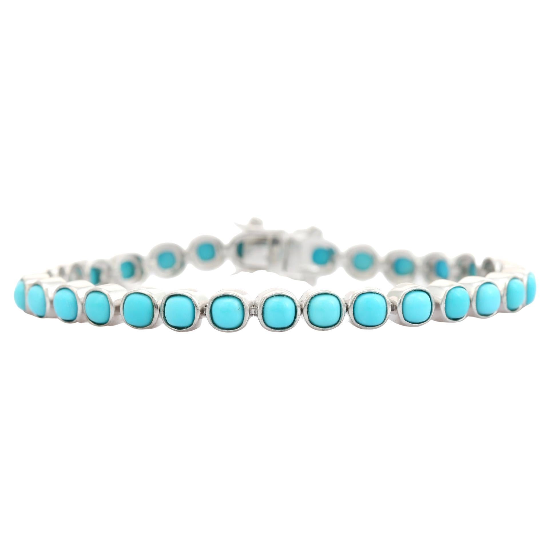 Türkis-Cabochons mit Kissenschliff Unisex-Tennisarmband in 925 Silber im Angebot