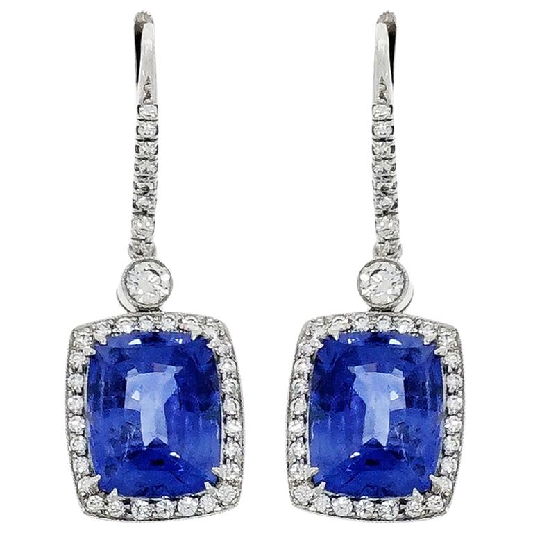 Cushion Cut Unheated Ceylon Sapphire Diamond Platinum Drop Earrings