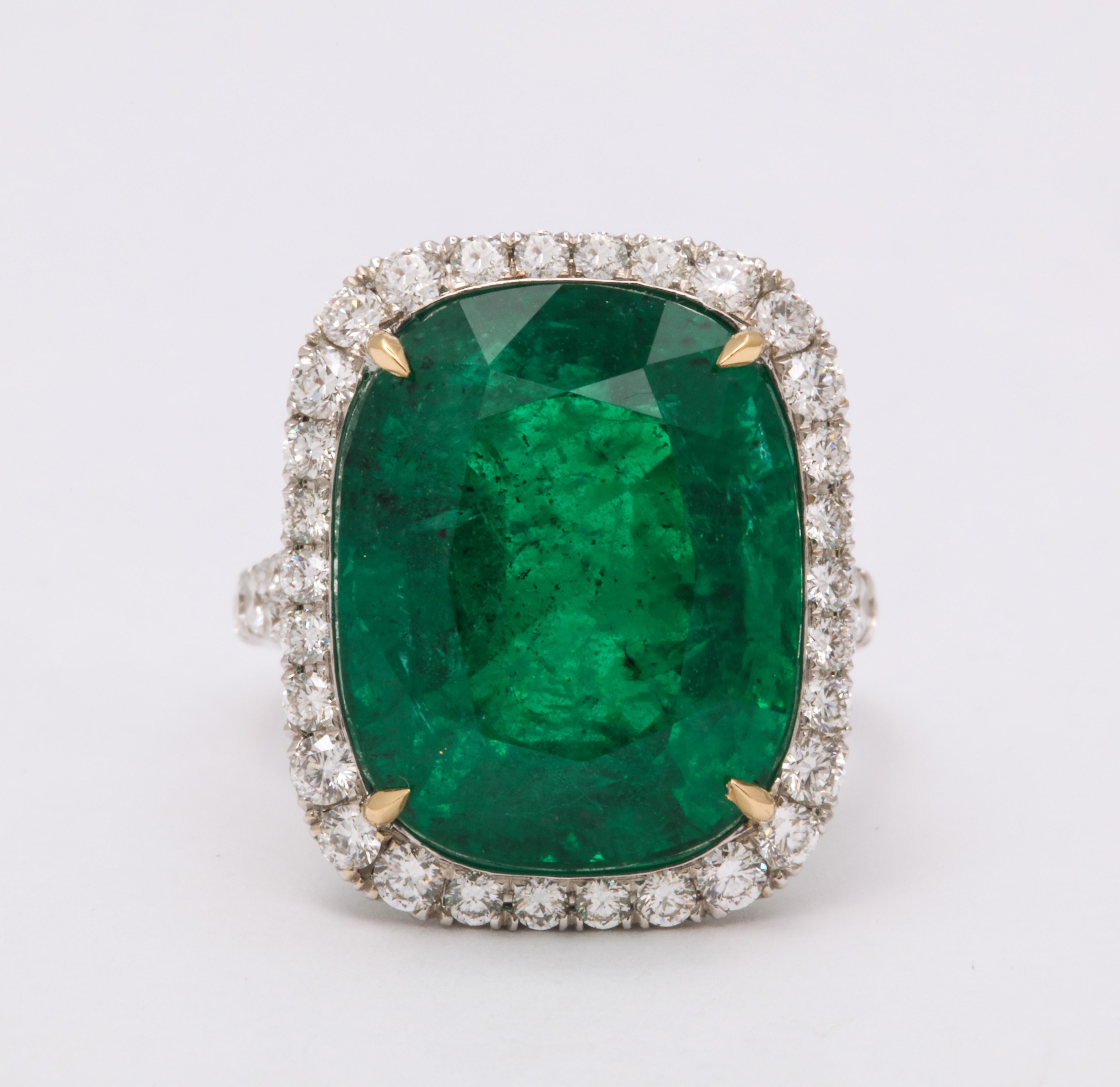
VIVID GREEN EMERALD!

14.92 carat cushion cut vivid green emerald set in a custom made platinum and diamond mounting. 

1.33 carats of white round brilliant cut diamonds.

Certified by Christian Dunaigre of Switzerland.

A fabulous emerald ring in