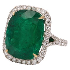 Antique Cushion Cut Vivid Green Emerald and Diamond Ring