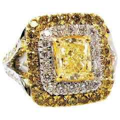 Cushion Cut Yellow and White Diamond Double Halo Cocktail Ring 18 Karat Gold