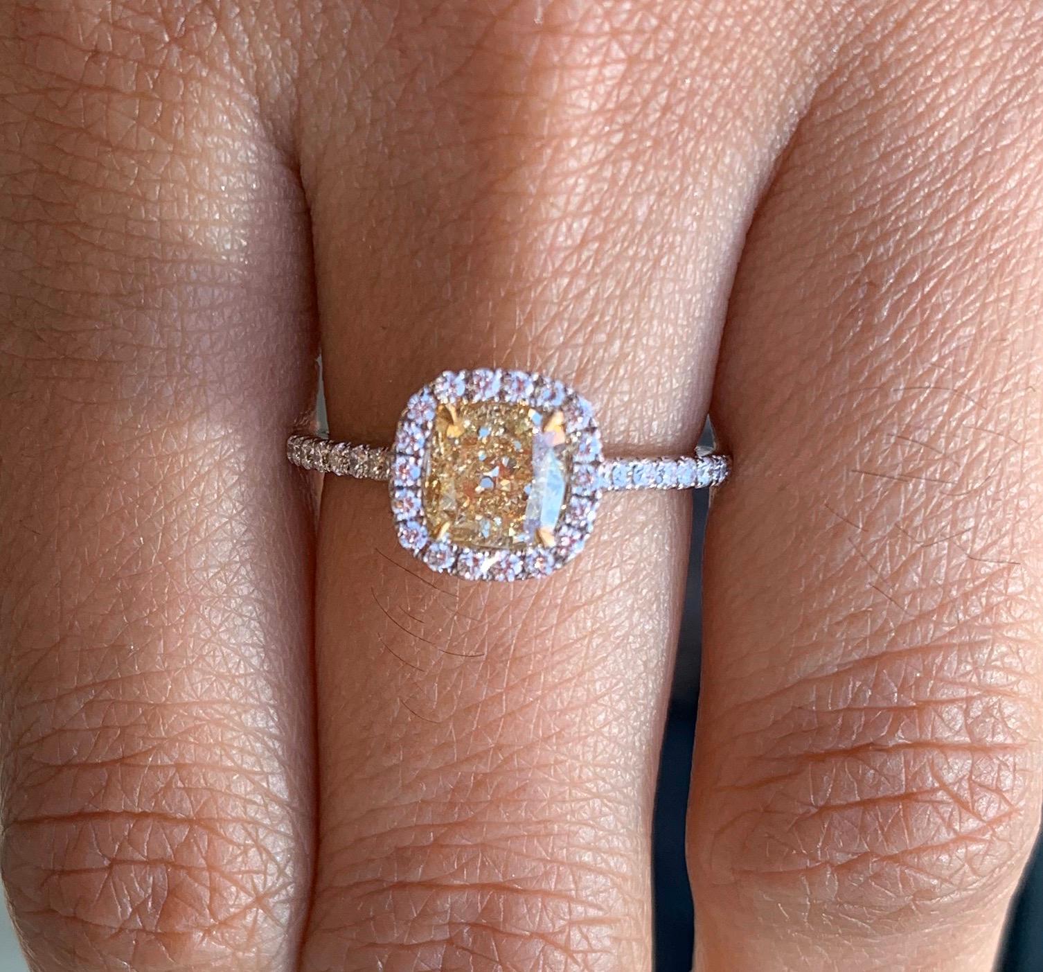 Cushion Cut Cushion Natural Fancy Yellow Diamond Engagement Ring in 18 Karat Two Tone For Sale