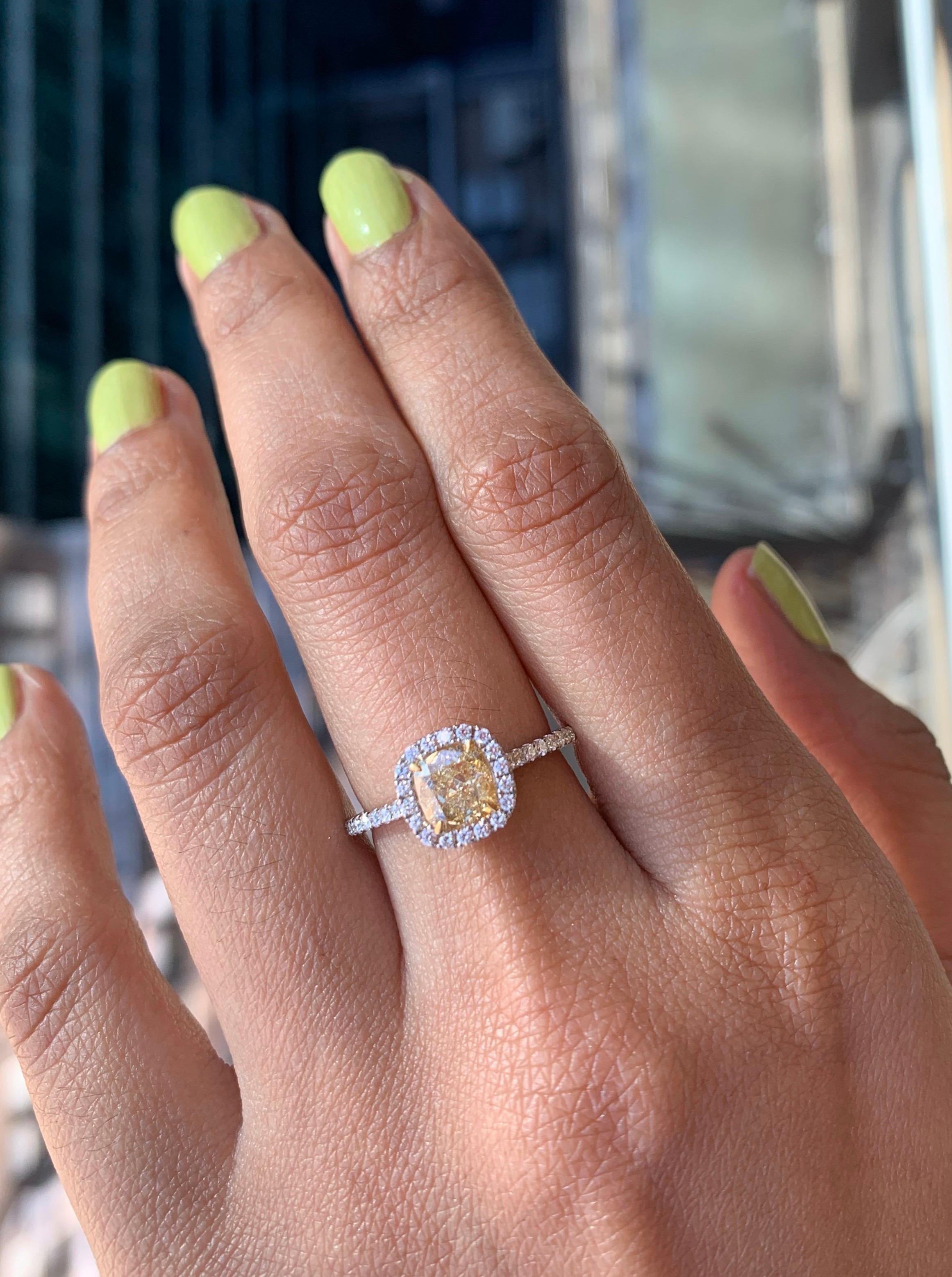 Cushion Natural Fancy Yellow Diamond Engagement Ring in 18 Karat Two Tone In New Condition For Sale In New York, NY