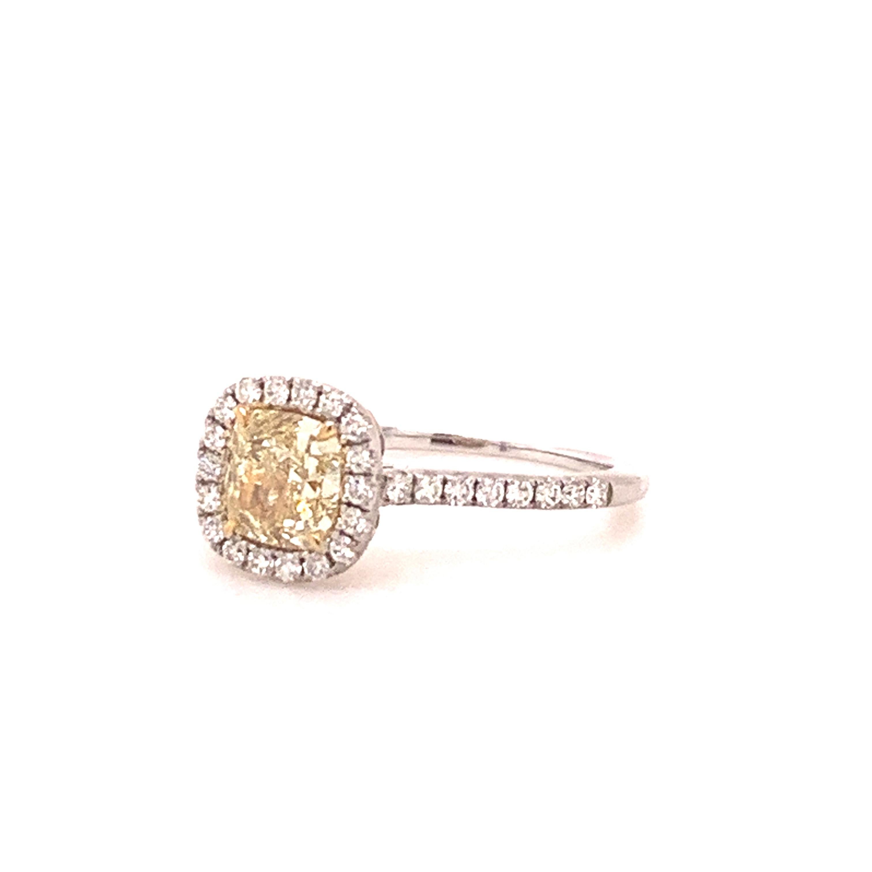Women's Cushion Natural Fancy Yellow Diamond Engagement Ring in 18 Karat Two Tone For Sale