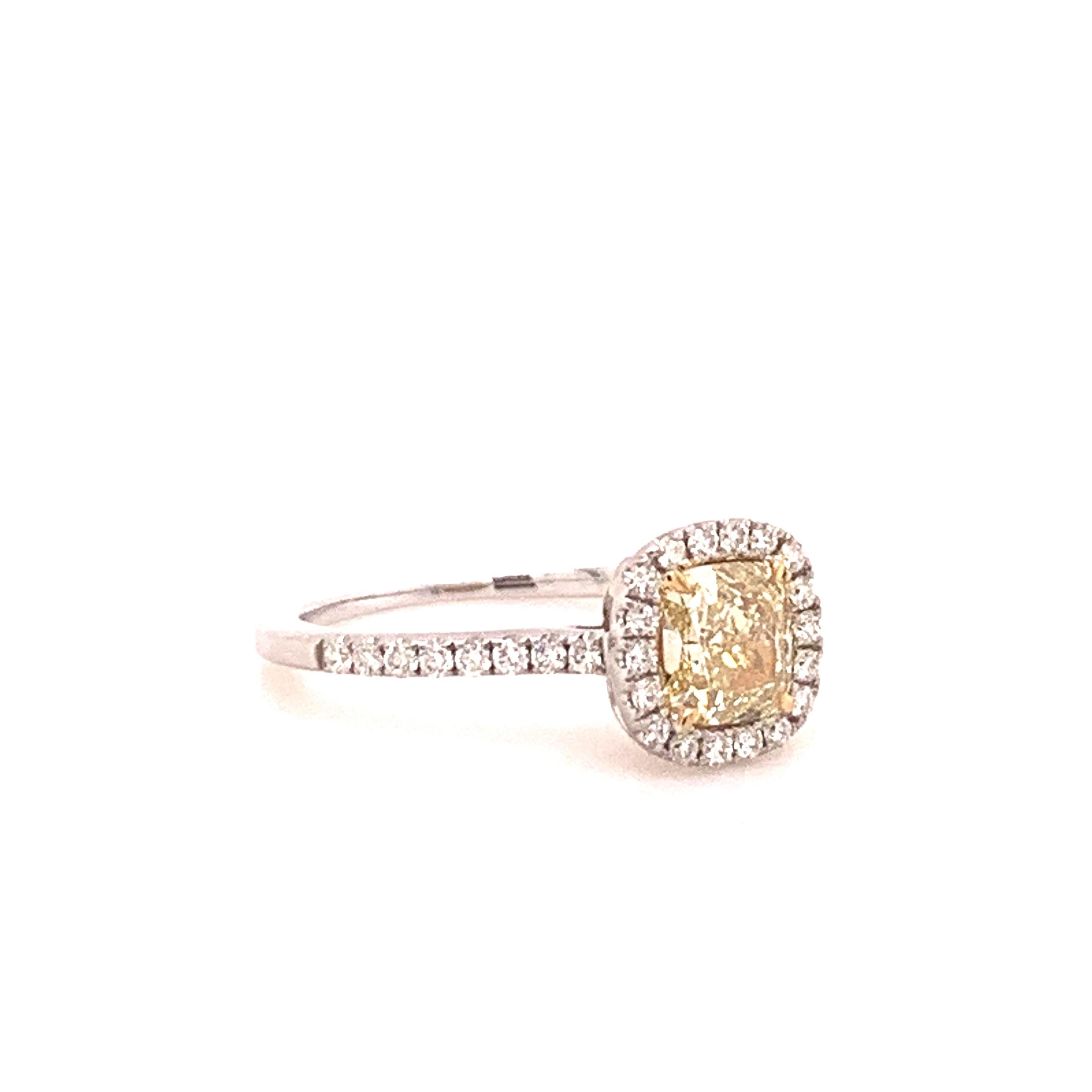 Cushion Natural Fancy Yellow Diamond Engagement Ring in 18 Karat Two Tone For Sale 1