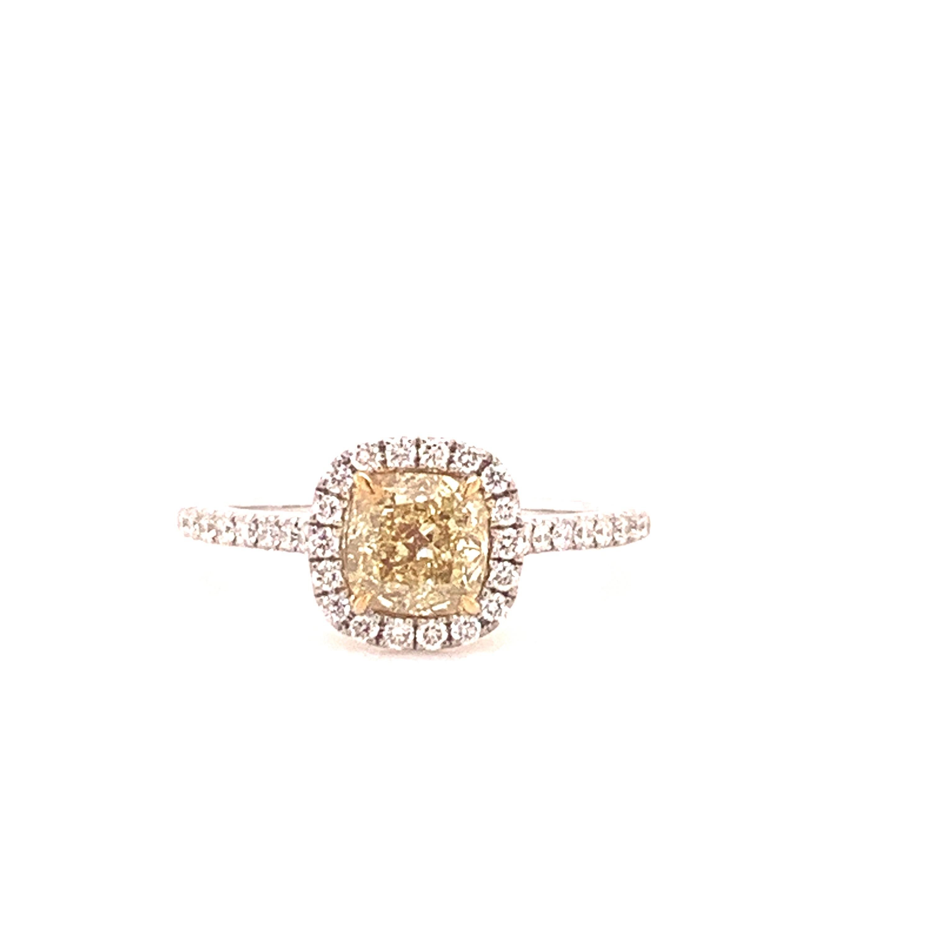 Art Deco Cushion Natural Fancy Yellow Diamond Engagement Ring in 18 Karat Two Tone For Sale