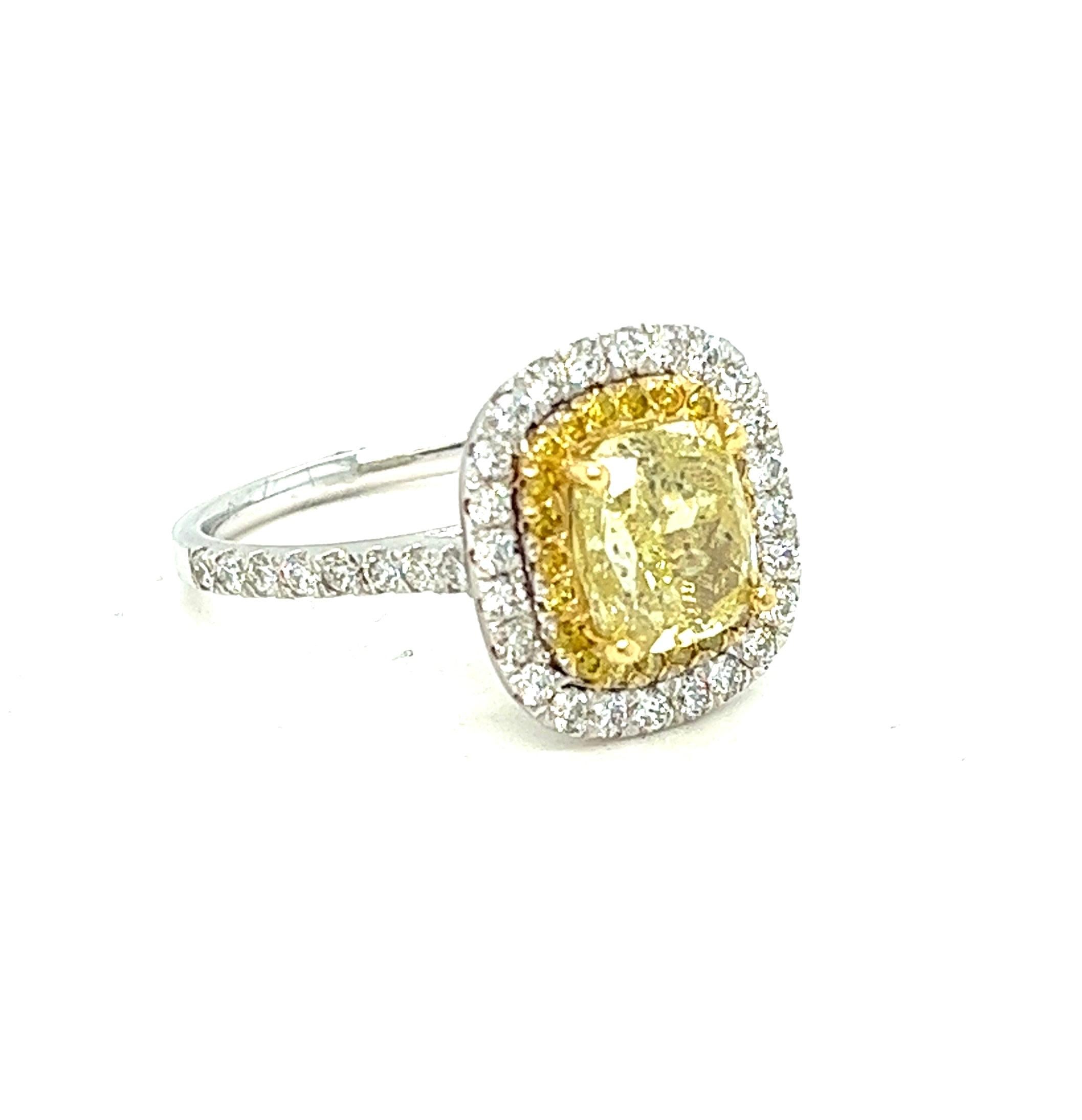 Cushion-Cut Yellow Diamond Halo Engagement Ring, 3.02 ctw. In Excellent Condition In Miami, FL