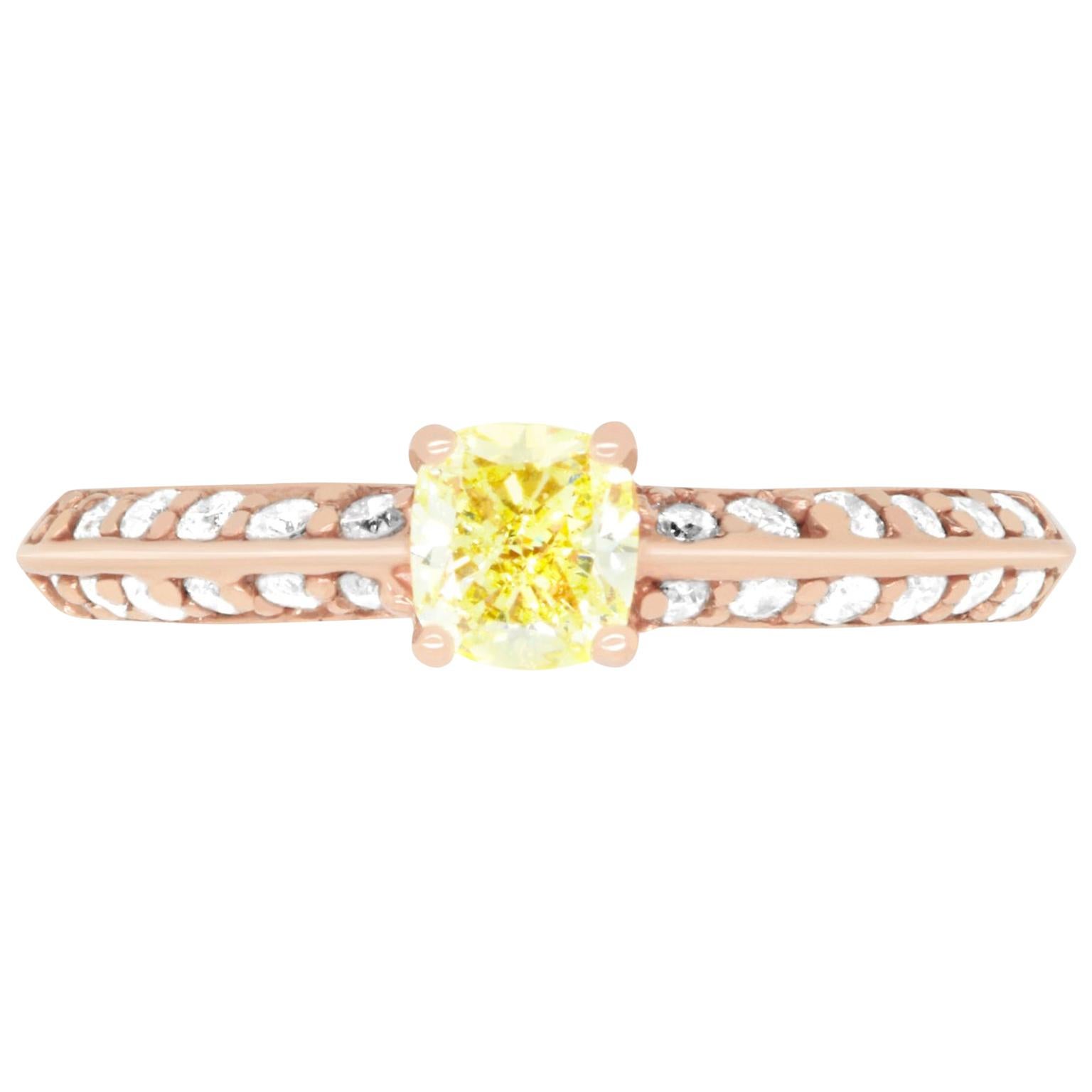 Cushion Cut Yellow Diamond Rose Gold Engagement Ring