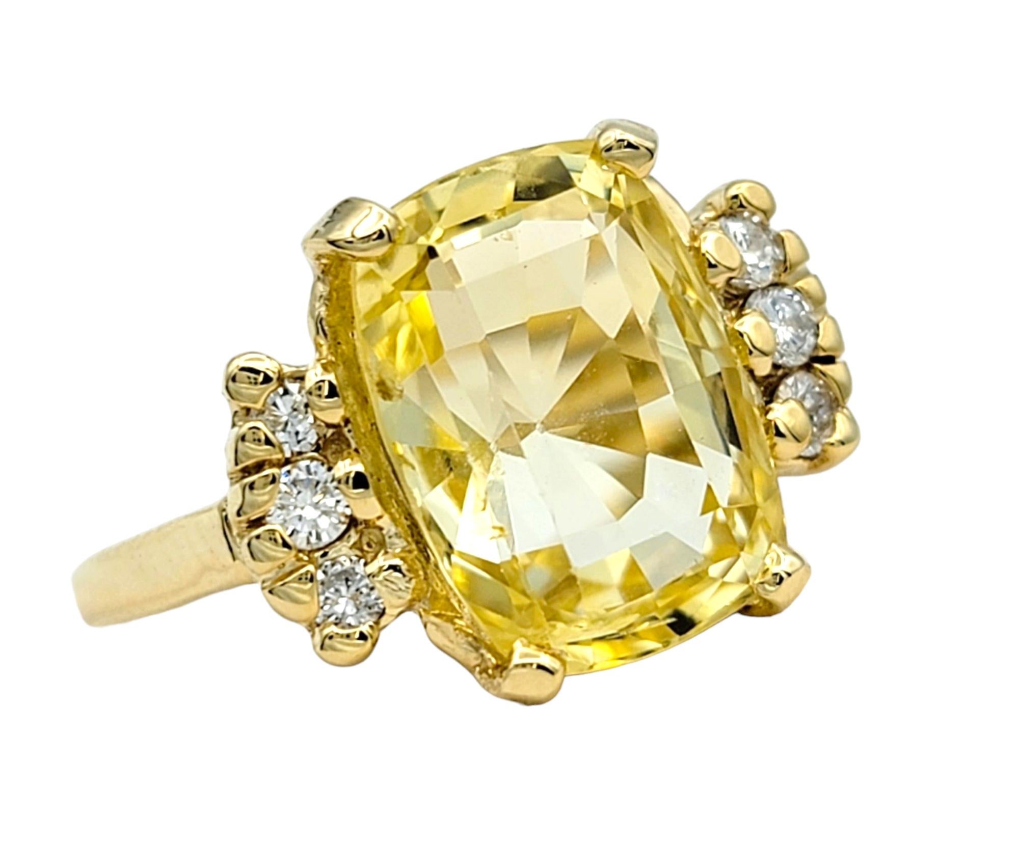 Contemporary Cushion Cut Yellow Sapphire and Diamond Cocktail Ring in 14 Karat Yellow Gold For Sale