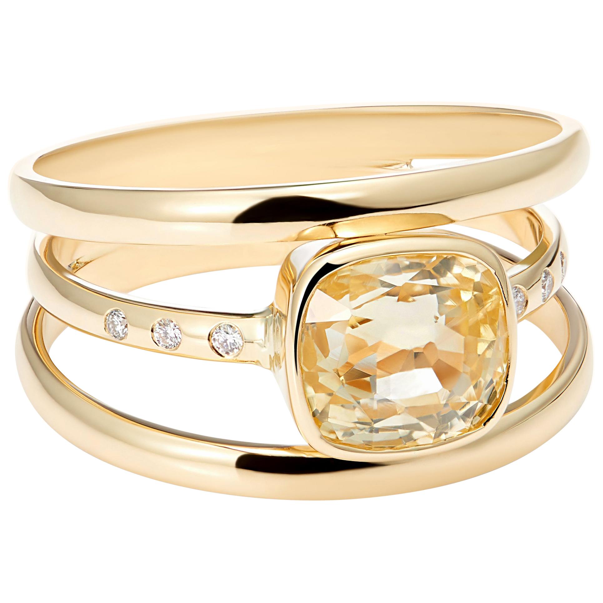 Cushion Cut Yellow Sri Lankan Sapphire and Diamond 3-Band Ring