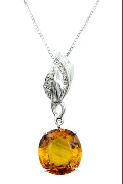 Cushion Cut Yellow Sapphire & Diamond Pendant with Leaf Design in 18K White Gold