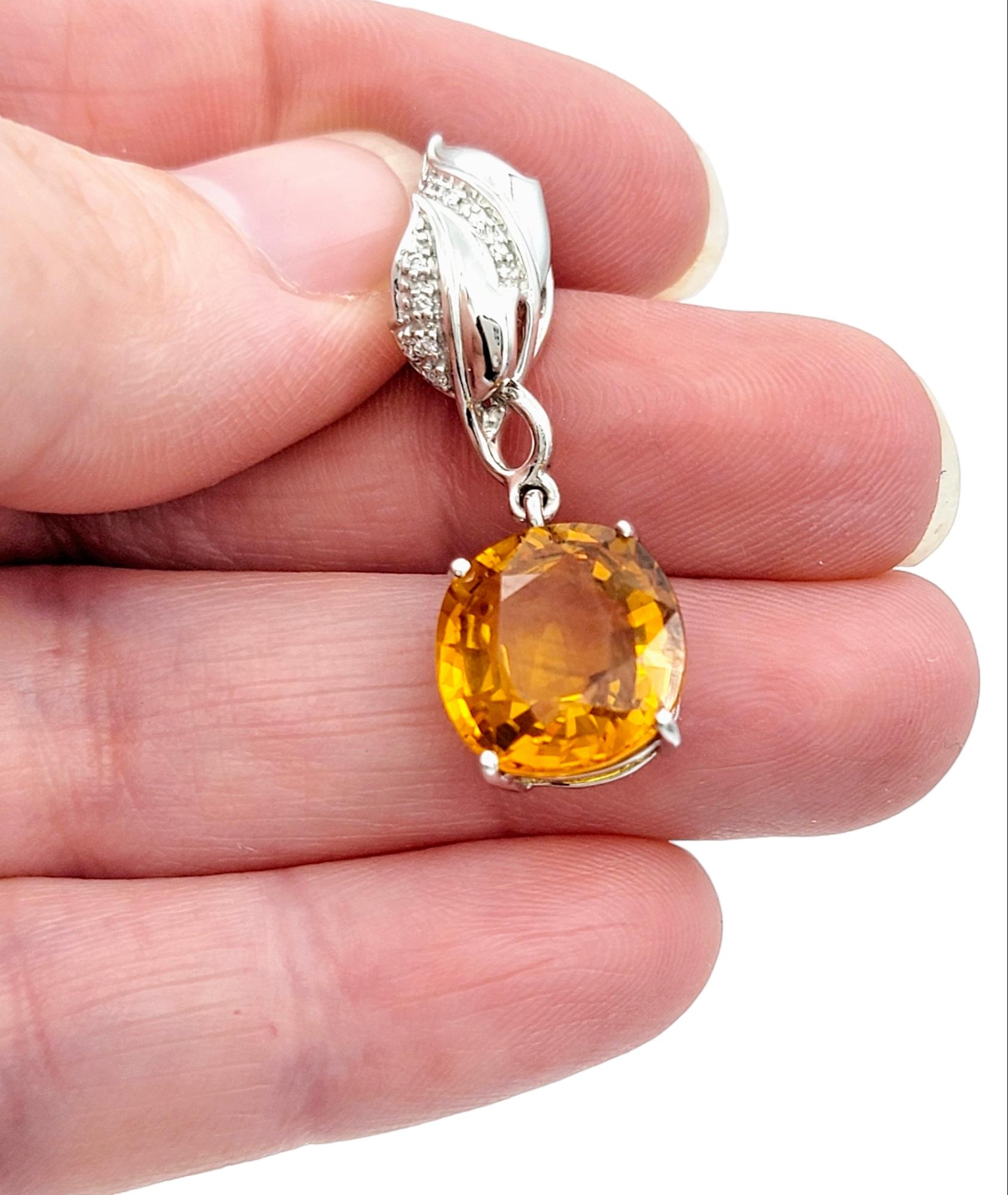 Cushion Cut Yellow Sapphire & Diamond Pendant with Leaf Design in 18K White Gold For Sale 3