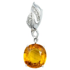 Cushion Cut Yellow Sapphire & Diamond Pendant with Leaf Design in 18K White Gold