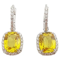 Cushion Cut Yellow Sapphire with Diamond Halo Earrings in 18 Karat White Gold 