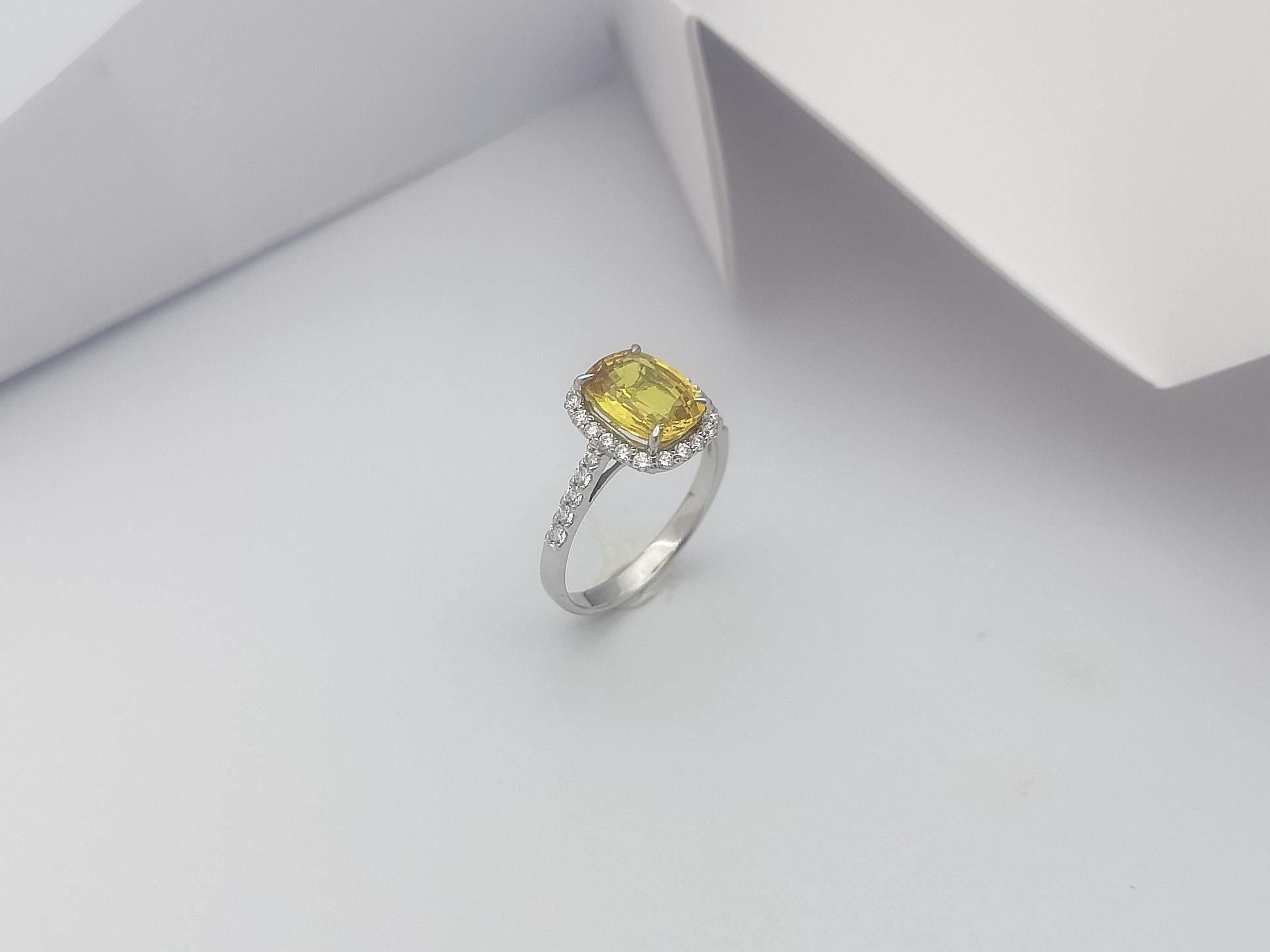 Cushion Cut Yellow Sapphire with Diamond Halo Ring Set in 18 Karat White Gold For Sale 5