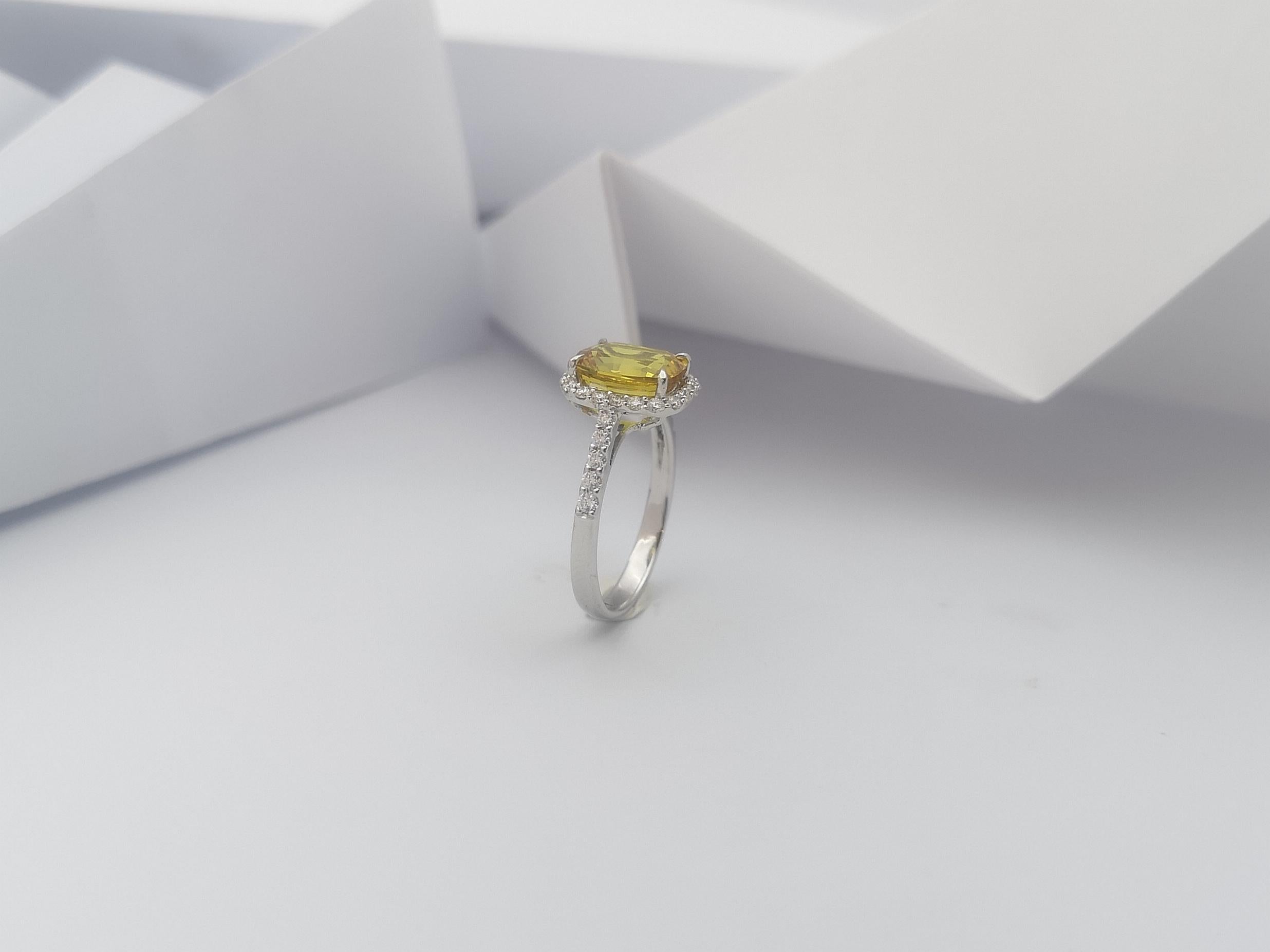 Cushion Cut Yellow Sapphire with Diamond Halo Ring Set in 18 Karat White Gold For Sale 6