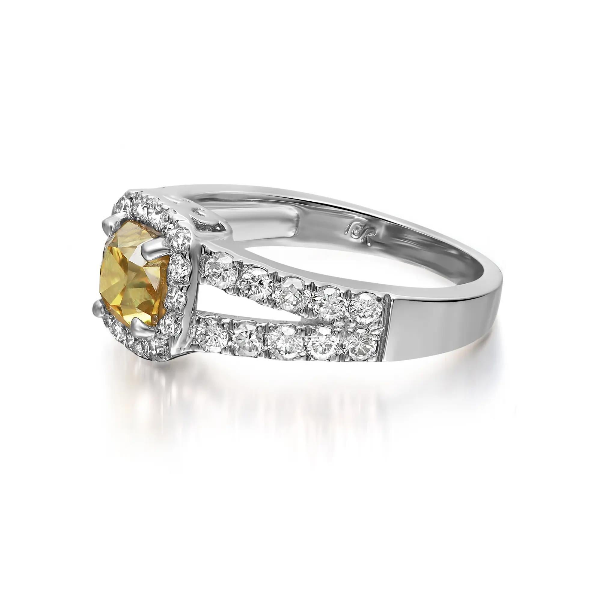 Modern Cushion Cut Yellow & White Diamond Engagement Ring 18K White Gold Size 6.5 For Sale