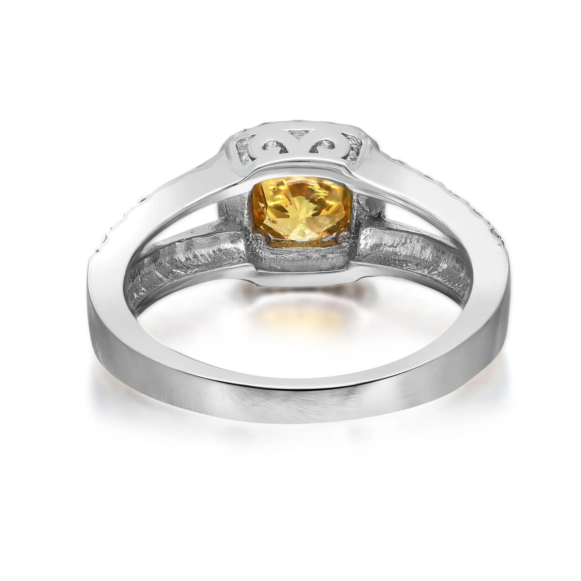 Cushion Cut Yellow & White Diamond Engagement Ring 18K White Gold Size 6.5 In New Condition For Sale In New York, NY