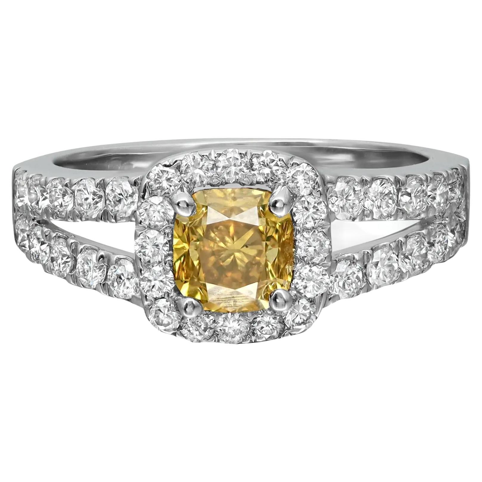 Cushion Cut Yellow & White Diamond Engagement Ring 18K White Gold Size 6.5 For Sale