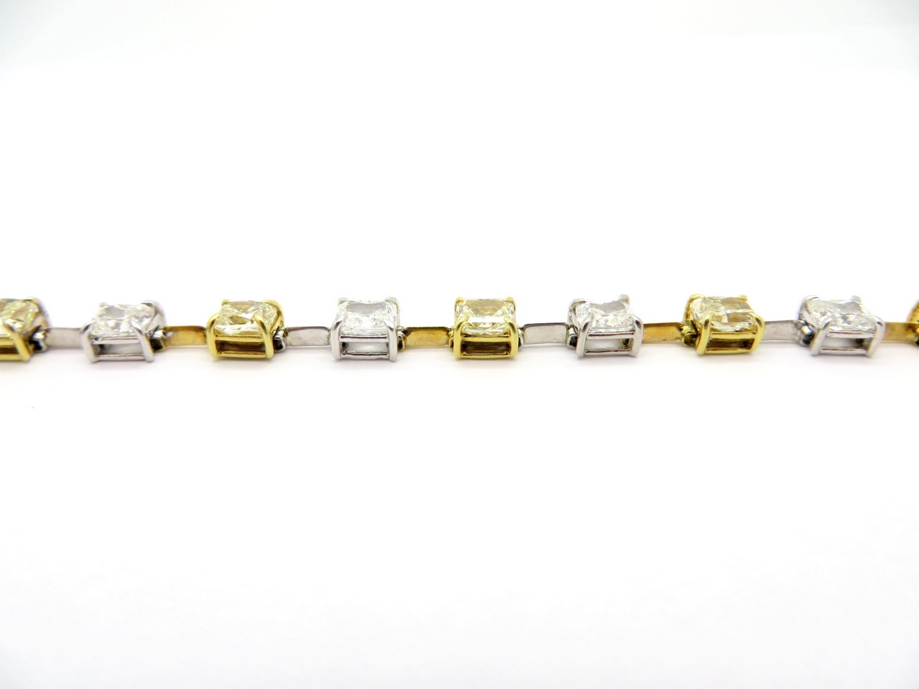 Cushion Cut Yellow & White Diamond Fashion Tennis Bracelet Platinum/ 18K TT Gold In Excellent Condition For Sale In Scottsdale, AZ