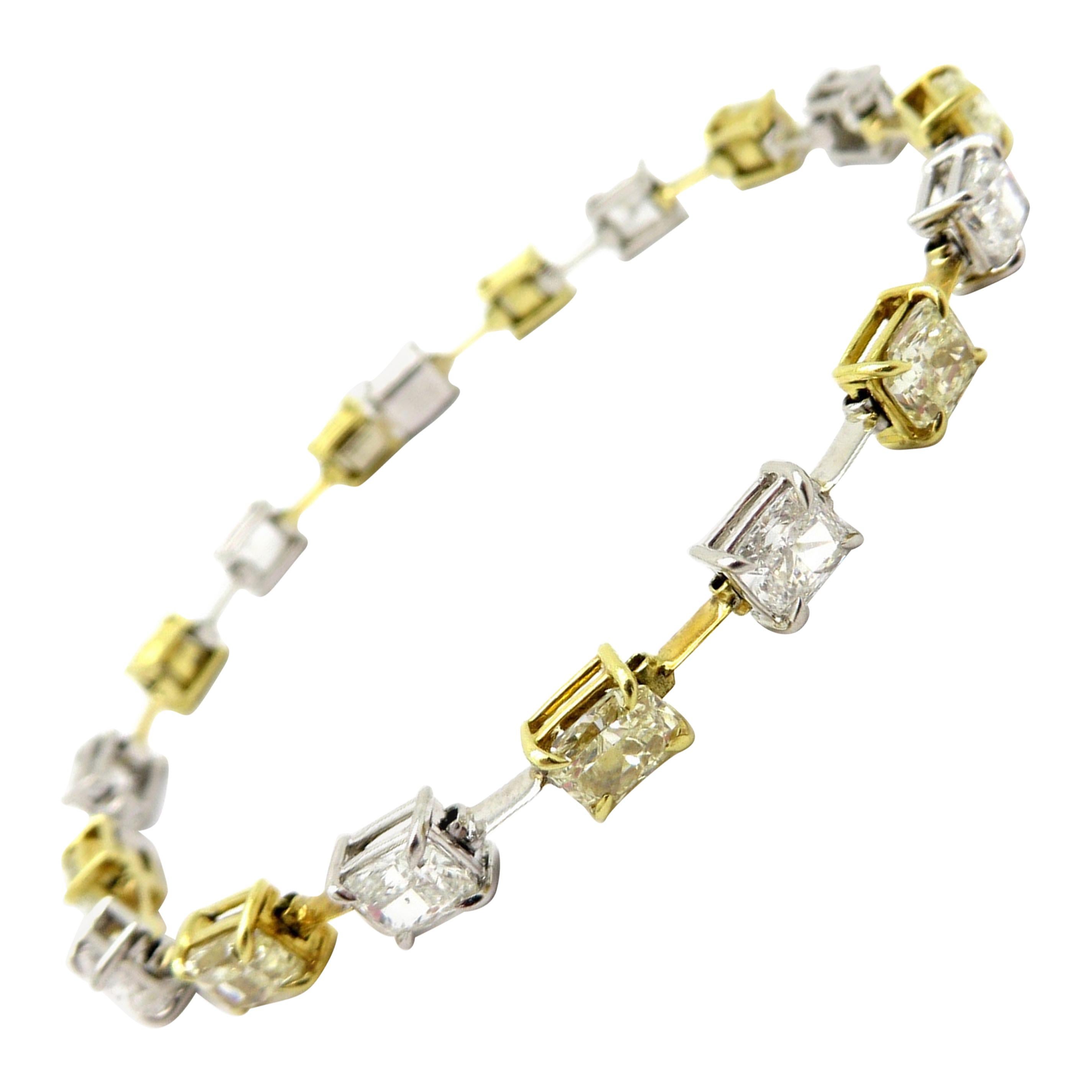 Cushion Cut Yellow & White Diamond Fashion Tennis Bracelet Platinum/ 18K TT Gold For Sale